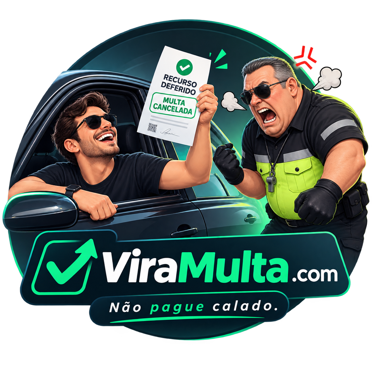Motorista mostra recurso deferido e multa cancelada para um agente de trânsito irritado.